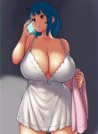  1girl babydoll barefoot blue_hair breasts cellphone chemise cleavage cowboy_shot curvy english_commentary erkaz grey_background highres holding holding_phone huge_breasts medium_hair original phone red_eyes rina_atherina smartphone standing thighs white_babydoll 