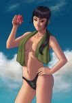  1girl ace_combat ace_combat_7 artist_request bikini bikini_bottom black_hair breasts brown_eyes can cloud cola collarbone hand_on_hip holding huxian long_hair looking_at_viewer medium_breasts navel ponytail signature sky soda_can solo stomach swimsuit tongue tongue_out topless towel 