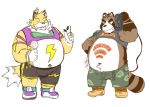 2020 anthro belly bottomwear brown_body brown_fur canid canine clothing duo eyes_closed fur inuryu kemono male mammal navel overweight overweight_male raccoon_dog shirt shorts simple_background tanuki topwear white_background 