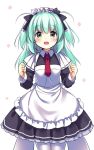  1girl apron aqua_eyes aqua_hair black_dress character_request clenched_hands copyright_request dress long_hair maid maid_headdress necktie open_mouth pantyhose red_neckwear ribbon simple_background smile solo two_side_up usume_shirou virtual_youtuber white_apron white_background white_legwear 