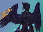  4_breasts anthro avian bird black_body black_feathers bourbon._(artist) breasts clothed clothing corvid corvus_(genus) feathers female gem glowing glowing_eyes multi_breast non-mammal_breasts raven solo topless yellow_body yellow_feathers 