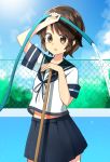  1girl absurdres black_hair blue_sailor_collar blue_skirt blue_sky brown_eyes bush chain-link_fence cloud cowboy_shot day empty_pool fence highres hose kantai_collection katsuobushi_(eba_games) miyuki_(kantai_collection) outdoors pleated_skirt sailor_collar school_uniform serafuku short_hair skirt sky solo water 