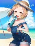  1girl absurdres bangs bare_arms bare_shoulders beach blonde_hair blue_sky blush breasts brown_eyes cloud collarbone commentary_request day fate/grand_order fate_(series) hat highres holding leaning_forward looking_at_viewer naked_overalls ocean open_mouth outdoors overalls parted_bangs paul_bunyan_(fate/grand_order) sakurayume_kome short_hair sky small_breasts smile solo strap_slip straw_hat sun_hat upper_teeth water 
