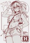  1girl baseball_cap belt breasts fio_germi glasses greyscale gun hat heavy_machine_gun highres lineart machine_gun medium_breasts metal_slug midriff monochrome navel persocon93 ponytail simple_background weapon white_background 