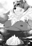  2020 anthro bathing belly hi_res kemono kimun_kamui_(tas) male mammal monochrome moobs nipples overweight overweight_male shintatokoro sitting solo tokyo_afterschool_summoners ursid video_games water wet 