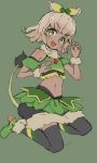  :3 bare_shoulders black_legwear blonde_hair bow crop_top eyebrows_visible_through_hair fang frilled_bow frills full_body green_background green_eyes green_footwear green_theme hair_bow hand_up high_heels highres jumping looking_at_viewer midriff navel nijitama_shiyushiyu pretty_(series) pripara puffy_short_sleeves puffy_sleeves shoes short_hair short_sleeves shoulder_cutout simple_background smile stomach tail taiyou_pepper thighhighs wristband 