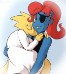  alphys anthro blue_body blue_scales breasts buckteeth carrying clothed clothing coat davidsanchan duo eye_patch eyes_closed eyewear female female/female fin fish glasses hair head_fin hug lab_coat looking_at_viewer marine non-mammal_breasts ponytail red_hair reptile romantic_ambiance romantic_couple scales scalie sharp_teeth simple_background smile teeth thick_tail topwear undertale undyne video_games yellow_body yellow_scales 