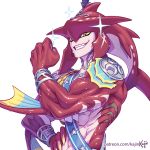  1:1 2019 biceps breath_of_the_wild flexing grin humanoid kajinman male marine multicolored_body nintendo prince_sidon red_body sharp_teeth simple_background smile solo teeth the_legend_of_zelda video_games wet white_background white_body yellow_eyes zora 