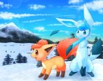  2019 ambiguous_gender blue_body blue_eyes blue_fur blue_hair blue_inner_ear blush brown_eyes brown_inner_ear canid canine cloud duo eeveelution feral fur glaceon hair hi_res inner_ear_fluff lipotes long_ears mammal mountain multi_tail nintendo open_mouth orange_body pok&eacute;mon pok&eacute;mon_(species) red_hair sitting sky snow standing tongue tree tuft video_games vulpix 