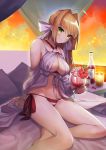  1girl absurdres ahoge bangs bare_shoulders bed bikini blonde_hair blush bottle braid breasts candle cleavage closed_mouth collarbone criss-cross_halter cup drinking_glass earrings fate/grand_order fate_(series) french_braid gradient_sky green_eyes hair_between_eyes hair_intakes hair_ribbon halterneck highres huge_filesize jewelry large_breasts long_hair looking_at_viewer navel nero_claudius_(fate)_(all) nero_claudius_(swimsuit_caster)_(fate) orange_sky red_bikini ribbon sahara1127 side-tie_bikini sitting sky smile striped striped_bikini sunset swimsuit thighs twilight white_ribbon 