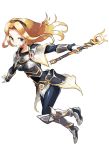  1girl armor blonde_hair blue_eyes breastplate gloves greaves hairband holding holding_wand kasa league_of_legends long_hair luxanna_crownguard simple_background smile solo vambraces wand white_background white_gloves 