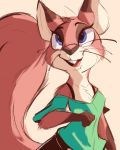  2020 anthro blue_eyes brown_body brown_fur buckteeth clothed clothing female fully_clothed fur hi_res light lighting mammal open_mouth open_smile rodent sciurid simple_background smile solo tan_background teeth tohupo whiskers 