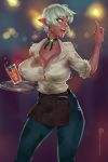  1girl alcohol apron bbc-chan borrowed_character bouncing_breasts breasts bursting_breasts choker cleavage colette_belrose commission contemporary dark_elf denim elezen elf final_fantasy final_fantasy_xiv gem highres huge_breasts impossible_clothes impossible_shirt inconvenient_breasts index_finger_raised jeans lips night open_mouth pants pointy_ears red_eyes shirt short_hair silver_hair sleeves_rolled_up solo spilling sweat tray waist_apron waitress 
