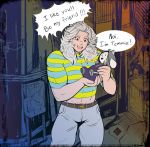  belt bottomwear clothing detailed_background dorohedoro duo female hair hi_res human mammal muscular muscular_female noi_(dorohedoro) pants striped_shirt tem temmie_(undertale) undertale undyingsong video_games white_body 
