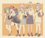  5girls alternate_costume animal_ear_fluff animal_ears bag black_legwear blonde_hair blue_hair blush bow bowtie braid bunny_ears carrot_hair_ornament checkered checkered_neckwear checkered_skirt closed_eyes clothes_around_waist dark_skin double_bun eating eyepatch fang food food_themed_hair_ornament green_eyes green_hair green_ribbon hair_bow hair_ornament hair_ribbon hairband high_ponytail highres holding_hands hololive hololive_fantasy houshou_marine ice_cream ice_cream_cone loafers long_hair long_sleeves multiple_girls neck_ribbon necktie pleated_skirt pointy_ears red_eyes red_ribbon ribbon school_bag school_uniform sgws0 shiranui_flare shirogane_noel shirt shoes short_hair short_sleeves silver_hair skirt sleeves_rolled_up sneakers socks standing sweater sweater_around_waist sweater_vest thick_eyebrows twin_braids two-tone_background uruha_rushia usada_pekora virtual_youtuber white_hair white_legwear white_shirt 