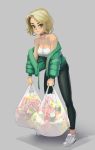  1girl absurdres bag black_pants blonde_hair breasts camisole choker cleavage commentary doritos earrings english_commentary green_eyes heavy highres hoop_earrings jewelry large_breasts long_legs looking_at_viewer mountain_dew off-shoulder_jacket original pants parka shoes shopping_bag short_hair sneakers solo tight tight_pants toned too_many tumtumisu yoga_pants 