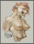  2020 4_breasts absurd_res anthro border breasts ear_piercing ear_ring extinct felid feline female grey_border hi_res mammal multi_breast muscular muscular_female nipples nude open_mouth piercing prehistoric_species priscillasheep ring_piercing saber-toothed_tiger solo tongue tongue_out 