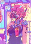  1girl absurdres bangs blue_eyes bob_cut bodysuit breast_strap breasts hand_on_own_chest highres horns instagram_username looking_at_viewer looking_to_the_side mechanical_horns medium_breasts mika_vas original patreon_username pink_hair red_horns short_hair sign solo vaporwave warning_sign 