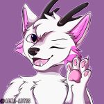  &lt;3 &lt;3_eyes 1:1 alma-abyss anthro antlers canid canine cervid fox fur hi_res horn hybrid male mammal pawpads rajikaru simple_background solo watermark white_body white_fur 