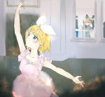  1boy 1girl bag ballerina ballet ballet_dress blonde_hair blue_eyes blush bow cabbie_hat collarbone dancing dress focused frilled_dress frills grey_headwear groceries grocery_bag hair_bow hair_ornament hairclip hand_up hat highres holding holding_bag kagamine_len kagamine_rin looking_in_window pink_dress practicing shopping_bag sketch sleeveless sleeveless_dress sweatdrop vocaloid white_bow window wooden_floor yonikki 