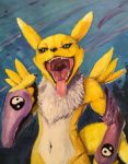  2020 acrylic_painting_(artwork) ambiguous_gender anthro digimon digimon_(species) fur gesture hi_res kiva~ looking_at_viewer mouth_shot navel neck_tuft open_mouth outside painting_(artwork) partly_clothed pointing pointing_at_head pointing_at_self renamon simple_background solo standing teeth tongue traditional_media_(artwork) tuft vore white_body white_fur yellow_body yellow_fur yin_yang 