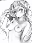  1girl blush breasts closed_mouth copyright_request gloves greyscale half_gloves hand_up highres long_hair looking_at_viewer medium_breasts monochrome nanashi_(nlo74593630) nipples nude simple_background solo upper_body white_background 