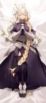  1girl absurdres armor armored_dress bangs blonde_hair braid breasts capelet chain closed_eyes closed_mouth dress fate/apocrypha fate/grand_order fate_(series) faulds flower gauntlets hands_together headpiece highres jeanne_d&#039;arc_(fate) jeanne_d&#039;arc_(fate)_(all) large_breasts lily_(flower) long_braid long_hair lying no-kan on_back plackart purple_dress single_braid thighhighs very_long_hair 