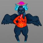  bovid breasts caprine caprine_demon clothed clothing demon demonic feathers female goat_demon green_eyes hair hand_on_hip hooves horn humanoid hybrid long_hair long_tongue mammal mouthless nude pentagram pupils red_body red_pupils red_skin simple_background solo tongue topless wide_hips wings xquid 
