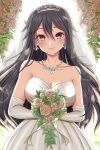  1girl blush bouquet breasts bridal_veil cleavage closed_mouth commentary_request cowboy_shot dress earrings elbow_gloves eyebrows_visible_through_hair flower gloves grey_hair hair_between_eyes haruna_(kancolle) highres holding jewelry kantai_collection large_breasts leaf long_hair looking_at_viewer necklace partial_commentary plant red_eyes smile solo tiara veil wedding_dress white_dress white_flower white_gloves yomogi_dango 
