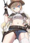  1girl absurdres bangs belt beltskirt black_panties blonde_hair blue_eyes blue_shorts brown_gloves brown_headwear colt_m1873_(girls_frontline) colt_single_action_army cowboy_hat denim denim_shorts eyebrows_visible_through_hair facial_mark finger_on_trigger from_below girls_frontline gloves gun hand_on_hip handgun hat highleg highleg_panties highres holding holding_gun holding_weapon holster kuro_(zhurunbo1997) long_hair midriff navel open_fly panties panties_under_shorts pantyshot revolver short_shorts shorts single_thighhigh smile solo star_(symbol) swept_bangs thighhighs twintails underwear upshorts weapon white_legwear 