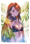  1girl bangs bare_shoulders beatrix_(granblue_fantasy) bikini breasts brown_hair cleavage detached_collar granblue_fantasy green_eyes hair_between_eyes highres large_breasts leaf looking_to_the_side multi-strapped_bikini navel parted_bangs parted_lips shimatani_azu standing swimsuit 