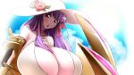  1girl bangs bare_shoulders blush breasts claws cleavage cloud cloudy_sky eyebrows_visible_through_hair fate/grand_order fate_(series) gigantic_breasts hair_ribbon hat highres long_hair looking_at_viewer open_mouth passionlip purple_eyes purple_hair ribbon sky solo sun_hat very_long_hair wisterian4u 