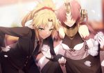  2girls bare_shoulders black_veil blonde_hair blush breasts dress elbow_gloves fate/apocrypha fate/grand_order fate_(series) flower formal frankenstein&#039;s_monster_(fate) gloves green_eyes grin hair_over_eyes headgear heroic_spirit_formal_dress horns long_sleeves looking_at_viewer medium_breasts medium_hair mordred_(fate) mordred_(fate)_(all) multiple_girls necktie no-kan photoshop_(medium) pink_hair revision rose short_hair single_horn smile suit wavy_mouth wedding_dress white_dress white_flower white_gloves white_rose 