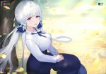  1girl azur_lane bangs blue_eyes blue_skirt breasts flower ginkgo hair_flower hair_ornament hair_ribbon illustrious_(azur_lane) large_breasts long_hair looking_at_viewer mamima necktie open_mouth petals recording ribbon shirt silver_hair sitting skirt smile solo white_hair white_shirt 