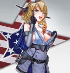  1girl anchor between_breasts black_gloves blonde_hair blue_eyes breasts cleavage colorado_(kantai_collection) corndog cowboy_shot dress elbow_gloves garrison_cap gloves grey_capelet grey_dress grey_gloves grey_headwear hat headgear kantai_collection large_breasts middle_finger pleated_dress shirt short_hair side_braids sideboob sleeveless solo standing white_shirt yamatoshi 
