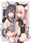  2girls animal_ear_fluff animal_ears arata_(xin) asymmetrical_docking bangs bare_shoulders bell black_hair black_leotard blonde_hair blush border breast_press breasts brown_eyes cat_ears cat_tail center_opening closed_mouth crop_top elbow_gloves fate/kaleid_liner_prisma_illya fate_(series) feathers gloves grey_background hair_feathers highres illyasviel_von_einzbern jingle_bell leotard light_smile long_hair looking_at_viewer miyu_edelfelt multiple_girls navel panties paw_gloves paws red_eyes revision small_breasts tail thighs twintails underwear white_border 