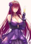  1girl alcohol breasts champagne champagne_flute cleavage cup dress drinking_glass elbow_gloves fate/grand_order fate_(series) flower gloves hair_flower hair_ornament heroic_spirit_formal_dress jewelry large_breasts long_hair looking_at_viewer necklace okitakung purple_dress purple_hair red_eyes scathach_(fate)_(all) scathach_(fate/grand_order) tiara 