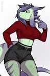  2020 5_fingers anthro belt biped black_claws black_eyebrows bottomwear breasts claws clothing crop_top digital_media_(artwork) dragon eyebrows female fingers fishnet_pantyhose floppy_ears green_eyes grey_ears grey_hair grey_horn grey_sclera hair hand_on_hip hi_res long_tail membrane_(anatomy) misty_(zkelle) multicolored_body multicolored_scales portrait pupils reptile scales scalie shirt shorts signature simple_background slit_pupils solo striped_body striped_scales striped_tail stripes thick_tail three-quarter_portrait topwear two_tone_body two_tone_scales webbed_hands zkelle 
