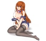  1girl absurdres bandana blue_eyes breasts hands_on_lap highres long_hair looking_at_viewer makise_kurisu open_mouth overalls red_hair sitting smile solo soveno steins;gate straight_hair thighhighs very_long_hair white_background 