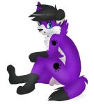  anthro balls black_hair canid canine canis domestic_dog elkhound floppy_ears fur genitals hair hanging_out hi_res humanoid_genitalia humanoid_penis male mammal pawalo pawprint_marking penis purple_body purple_fur saggy_balls sitting solo spazywolf spitz 