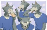  2020 angry anthro beastars blush canid canine canis clothed clothing eating fangs food fur grey_body grey_fur legoshi_(beastars) male mammal multicolored_body multicolored_fur riska_(artist) sandwich_(food) signature simple_background solo suprised_look wolf 