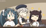  3girls alternate_costume apron black_apron black_hair blue_eyes blue_hair blush breasts chou-10cm-hou-chan_(hatsuzuki&#039;s) closed_eyes cup eating food hair_flaps hair_ornament hair_ribbon hairband hamu_koutarou hat hatsuzuki_(kantai_collection) highres holding isuzu_(kantai_collection) kantai_collection knife large_breasts long_hair multiple_girls open_mouth plate ribbon sailor_hat sausage shirt short_hair short_sleeves silver_hair sitting smile spoon twintails white_shirt z1_leberecht_maass_(kantai_collection) 