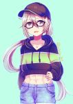 1girl :d abs absurdres amagiri_(kantai_collection) asymmetrical_bangs bangs baseball_cap black_headwear black_hoodie breasts collarbone commentary_request cowboy_shot crop_top denim denim_shorts eyebrows_visible_through_hair glasses green_background grey_eyes grey_hair groin hair_between_eyes hand_on_hip hat highres hood hood_down huge_filesize kantai_collection long_hair looking_at_viewer midriff navel open_mouth ponytail shorts sidelocks simple_background small_breasts smile solo standing suzuki_suika tsurime twitter_username very_long_hair 
