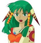  1girl bangs english_commentary feena_(grandia) grandia grandia_i green_eyes green_hair hair_ornament hair_tubes hontani_toshiaki jewelry long_hair looking_at_viewer necklace official_art open_mouth portrait retro_artstyle serious simple_background solo teeth upper_body upper_teeth white_background wide_sleeves 