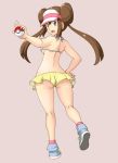  1girl ass back bangs bikini bikini_shorts blue_eyes blue_footwear breast_hold breasts brown_hair crossed_arms double_bun from_behind grey_background grey_bikini groin hand_on_hip highres holding holding_poke_ball kneepits long_hair looking_at_viewer looking_back medium_breasts mei_(pokemon) mismatched_bikini navel open_mouth pink_headwear pink_legwear poke_ball poke_ball_(generic) pokemon pokemon_(game) pokemon_bw2 shoes shorts shoulder_blades sideboob sidelocks simple_background smile sneakers socks solo standing standing_on_one_leg string_bikini swimsuit tof twintails very_long_hair visor_cap yellow_shorts 