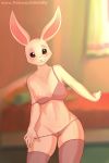  2020 2:3 anthro b0rk3lly beastars bra breasts camel_toe clothed clothing domestic_rabbit female front_view haru_(beastars) hi_res lagomorph legwear leporid looking_at_viewer mammal nipple_slip off_shoulder oryctolagus panties panty_pull partially_clothed portrait rabbit smile solo stockings thigh_highs three-quarter_portrait underwear underwear_only white_body 