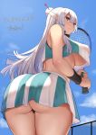  1girl absurdres ass azur_lane black_panties breasts bremerton_(azur_lane) bremerton_(azur_lane)_(cosplay) bremerton_(scorching-hot_training)_(azur_lane) cosplay frolaytia_capistrano from_behind hakuto7u heavy_object highres huge_ass huge_breasts no_bra panties purple_eyes racket silver_hair sportswear tennis_racket tennis_uniform underboob underwear 