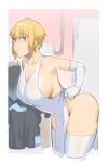  1girl bare_shoulders blonde_hair blue_eyes breasts cleavage commentary_request dress dyun elbow_gloves en&#039;en_no_shouboutai gloves highres indoors iris_(en&#039;en_no_shouboutai) large_breasts leaning_forward open_mouth pelvic_curtain short_hair side_slit sideboob sweat thick_thighs thighhighs thighs washing_machine white_dress white_gloves white_legwear 