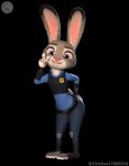  3d_(artwork) anthro chickenass clothed clothing digital_media_(artwork) disney female fur hi_res judy_hopps lagomorph leporid looking_at_viewer mammal multicolored_ears police_uniform purple_eyes rabbit simple_background smile solo uniform zootopia 