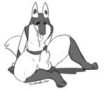  animal_genitalia anthro balls bodily_fluids drool_string drooling eonshinato fully_sheathed genitals looking_at_viewer lucario male monochrome nintendo pok&eacute;mon pok&eacute;mon_(species) saliva sheath sitting solo solo_focus tongue tongue_out video_games 
